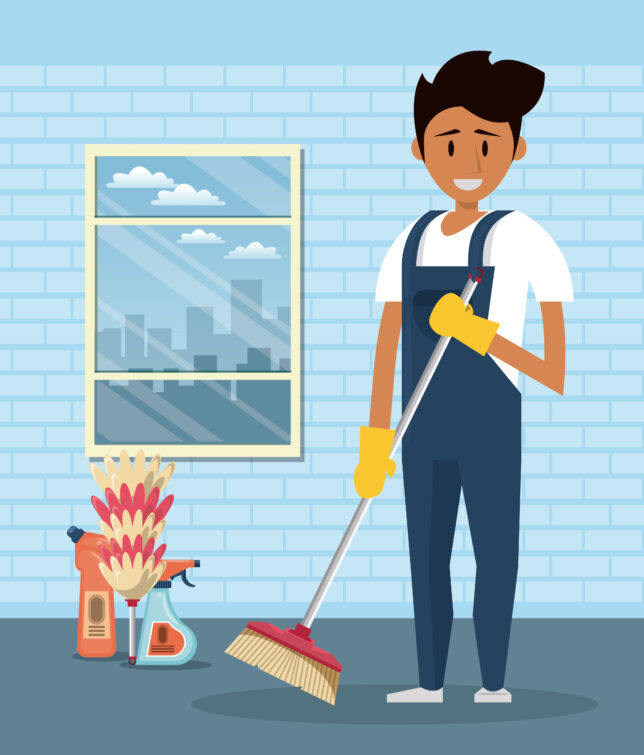 Firma sprzątająca Częstochowa - Ilustrowany Mężczyzna Sprząta mieszkanie 